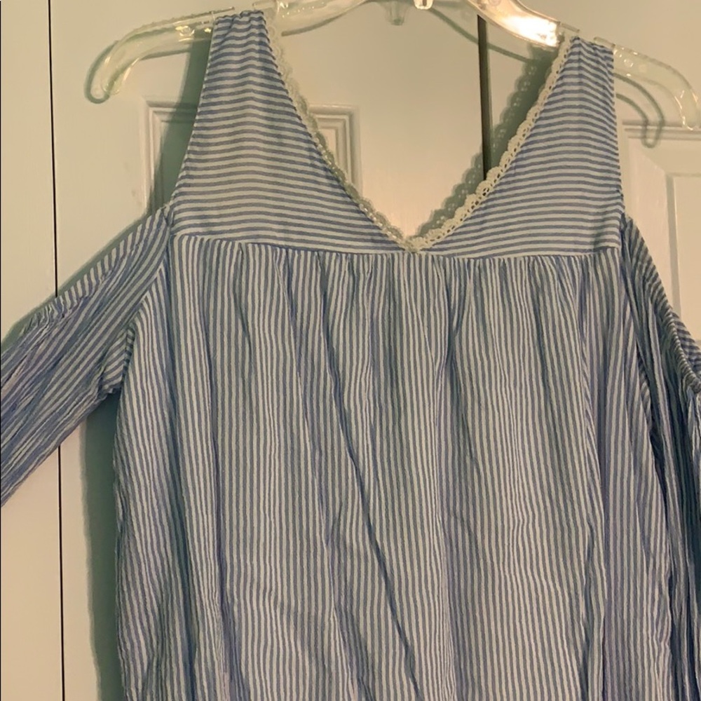 pin stripe, open shoulder dress